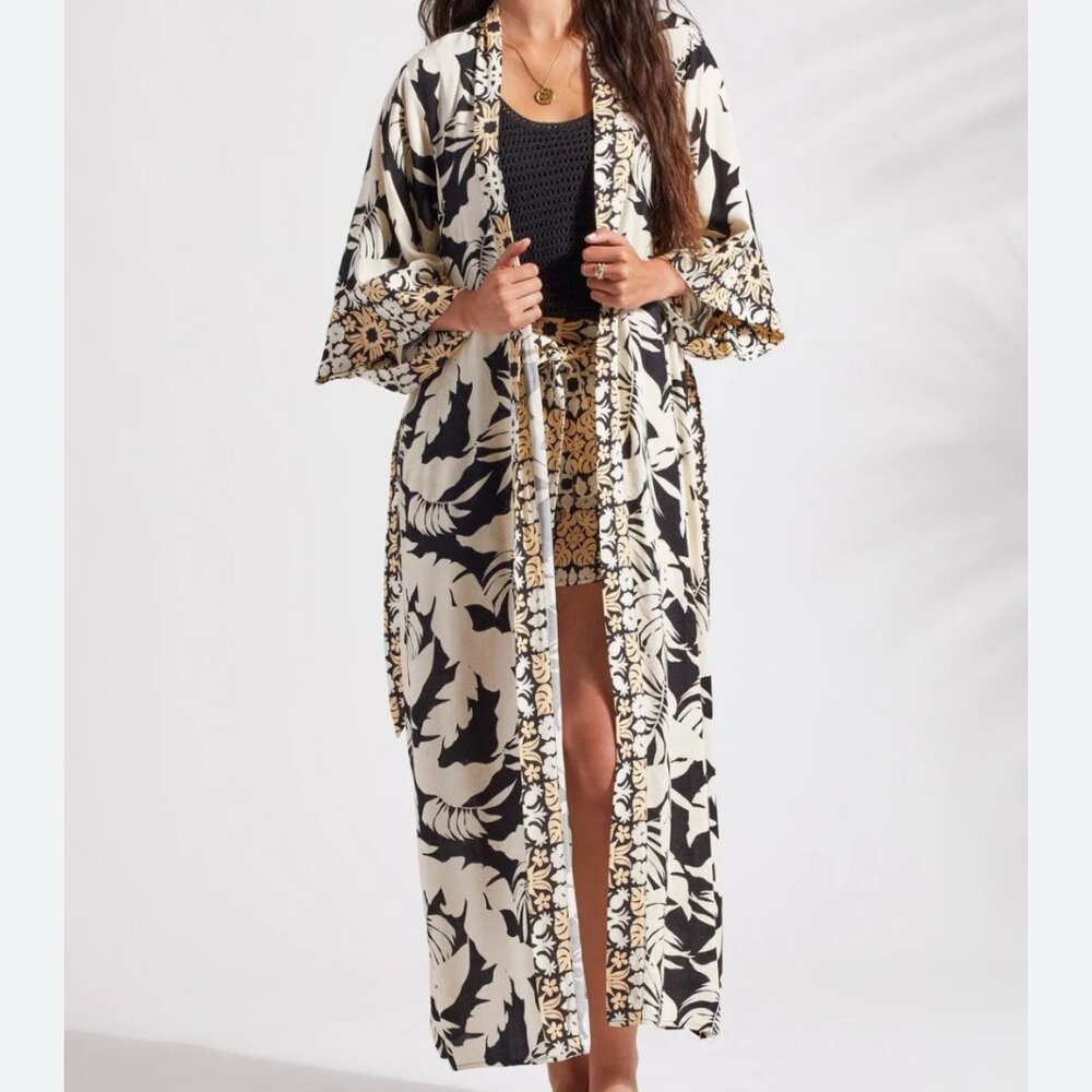 Palm Print Long Kimono In Black & Cream XIX Palms / Tribal